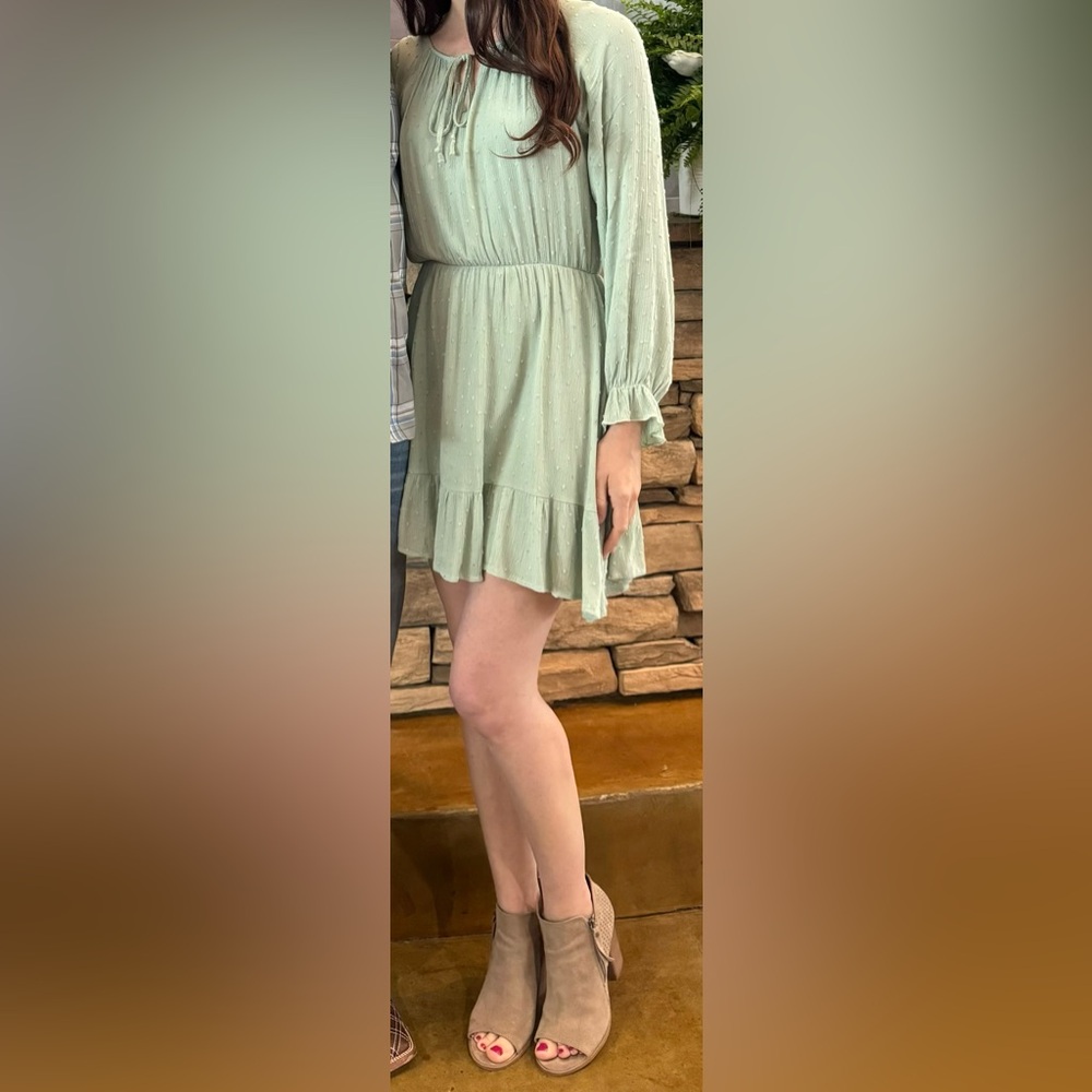 Women’s Altar’d State Swiss Dot Tie Neck Tiered Dress Sage Green Size S